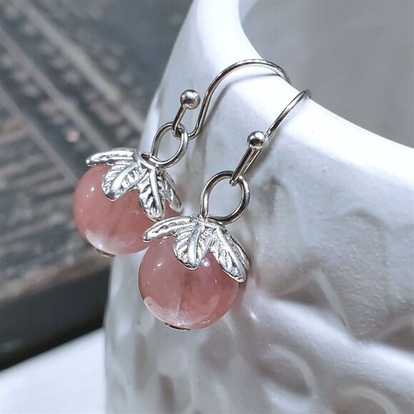 Artsy Leaf Capped Cherry Quartz Gemstone Dangle Silver Platinum Plated Earrings - Picture 8 of 11